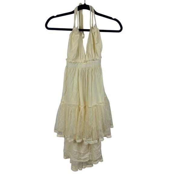 Womens Textured Lace Halter Tie Babydoll Lined Tiered Cream Mini Dress Small - Picture 1 of 8